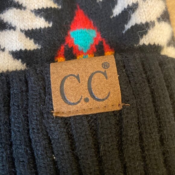 C.C. Aztec Print Knit Beanie With Faux Fur Pom Pom - Picture 2 of 5